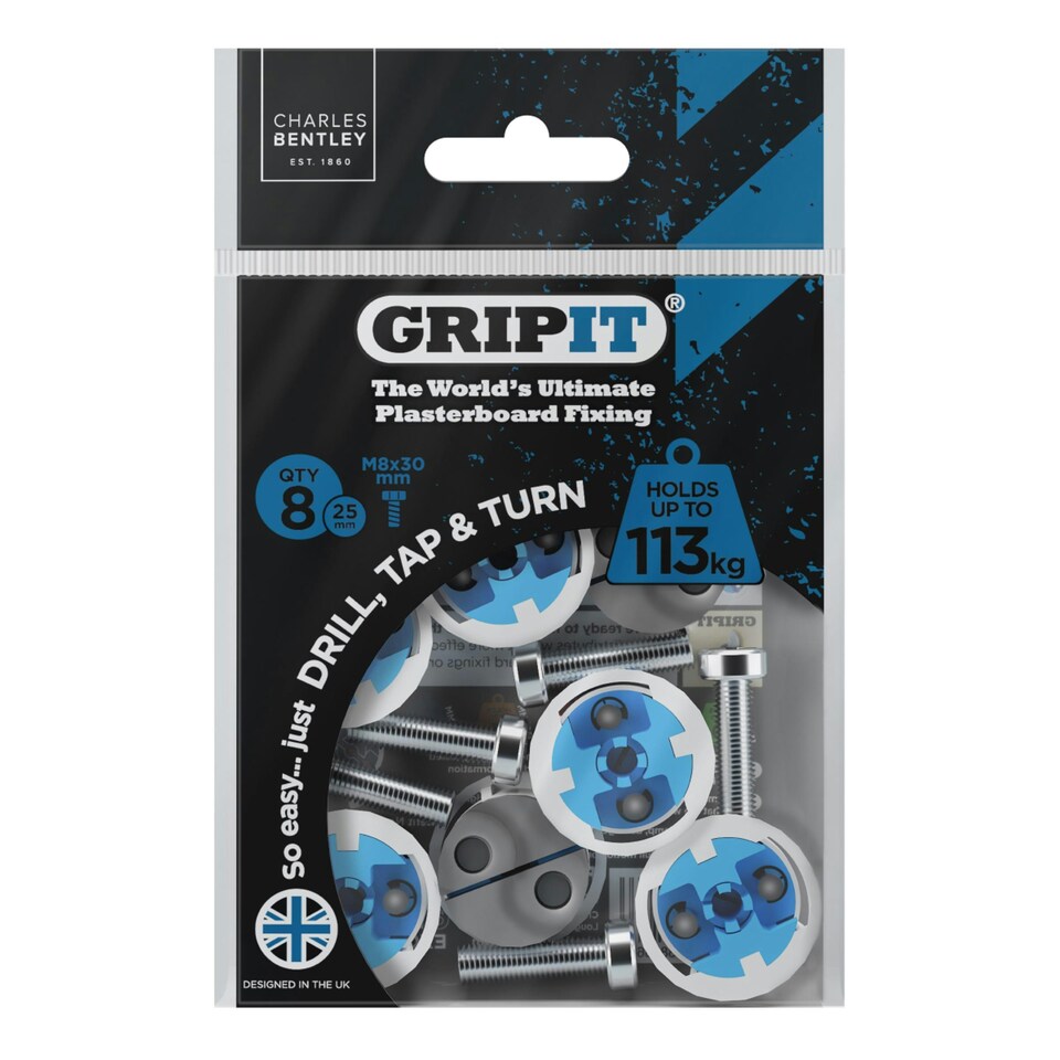 image 1 of Gripit 25mm Plasterboard Fixing Stud Wall Anchor Max Load 113kg - Blue - 8 Pack