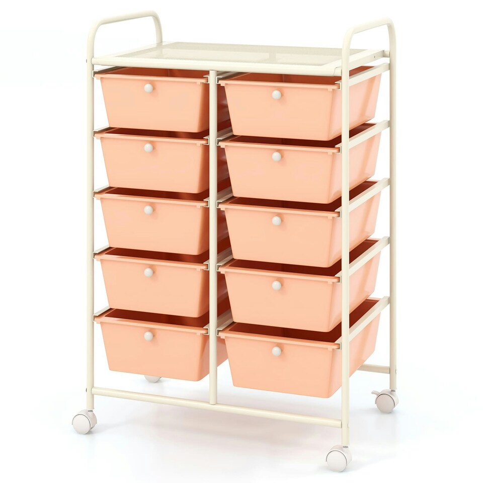 image 1 of COSTWAY 10 Drawers Storage Rolling Cart w/Universal Wheel Peach