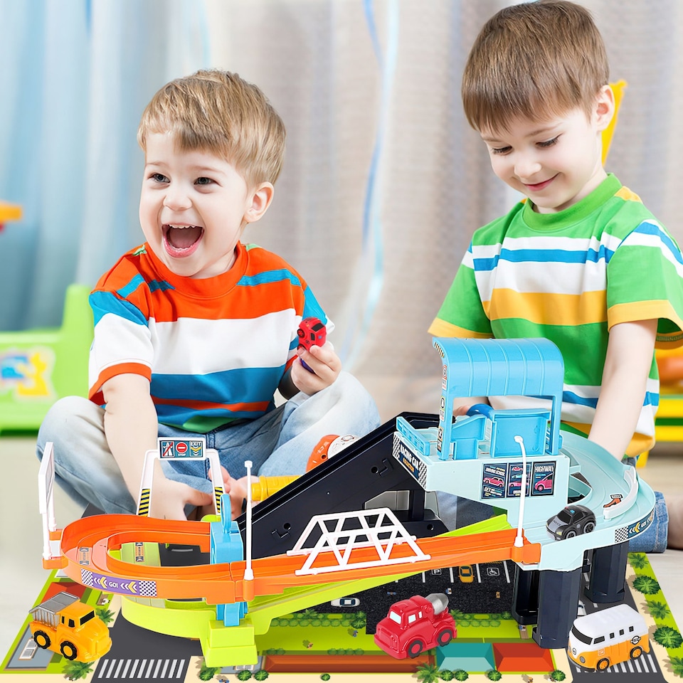 image 1 of Car Garage Tracks Simulation Steering Wheel Toy Set Vehicle Playset with Musical Puzzle Car Tracks