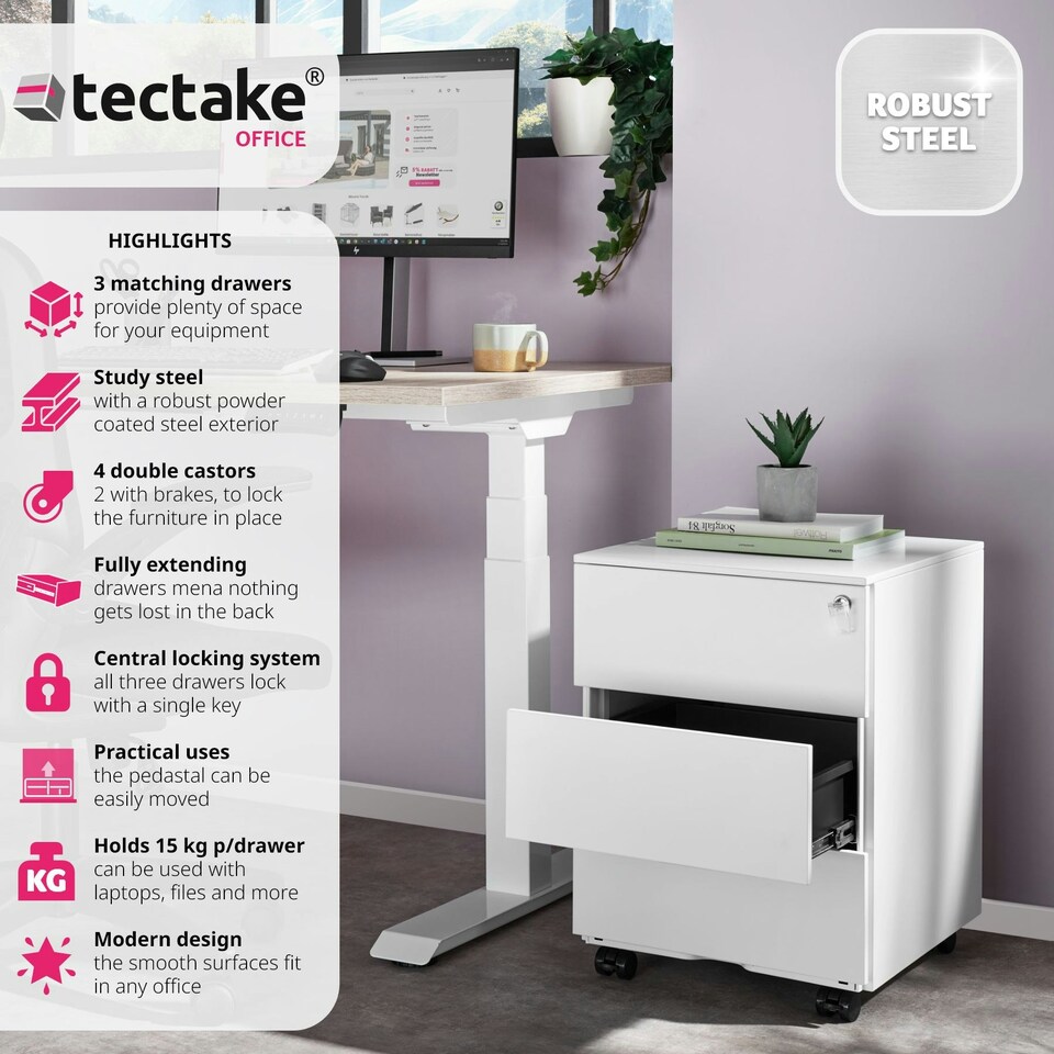 image 1 of Chest of Drawers Magna - 3 locking drawers, powder-coated steel, 39 x 45 x 55 cm White