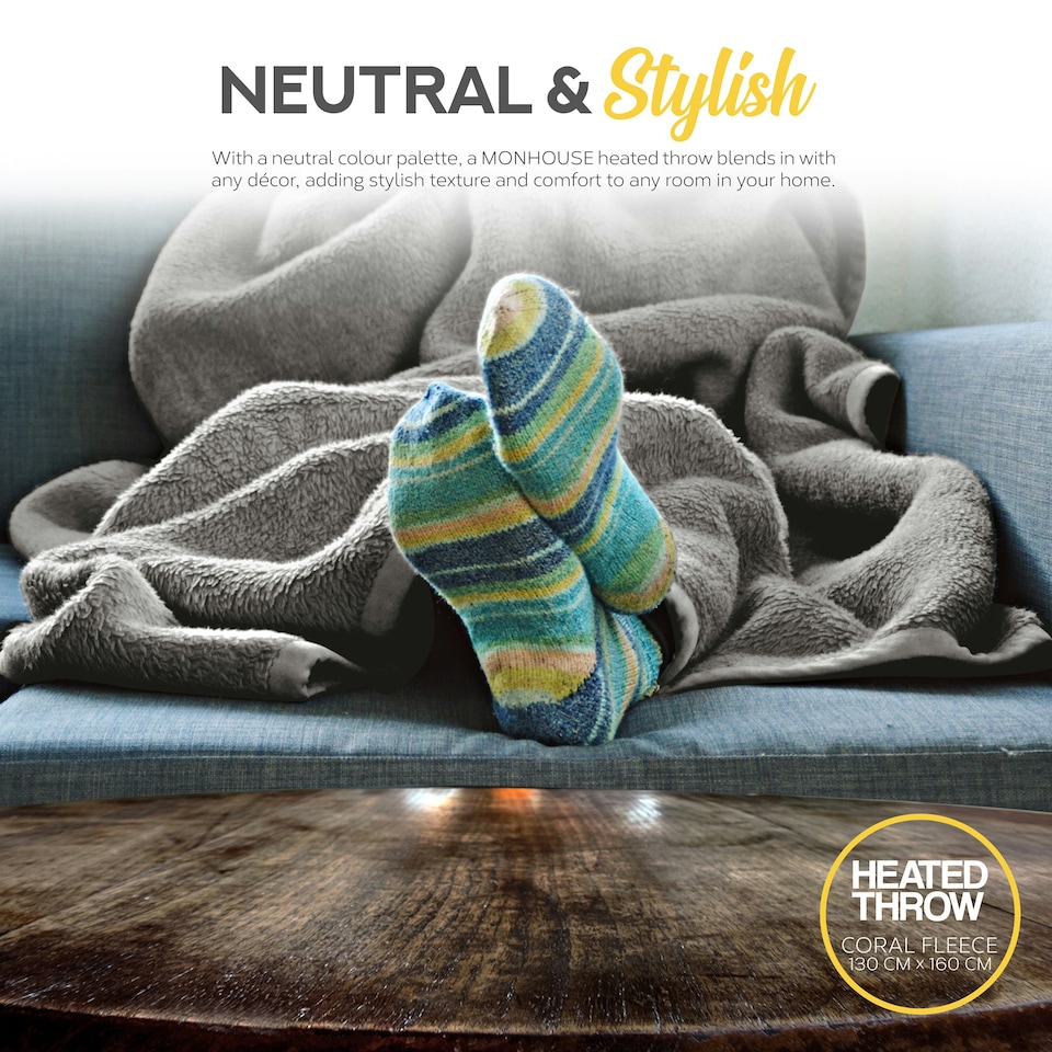 image 1 of MONHOUSE Heated Throw - Single Electric Blanket - 130 x 160 cm - Digital Controller - 9H Timer, 9 Heat Settings, Auto Shutoff