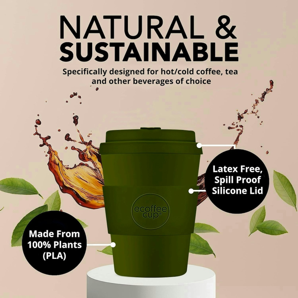 image 1 of Ecoffee Cup 8oz 240ml Reusable Eco-Friendly 100% Plant Based Coffee Cup with Silicone Lid & Sleeve - Melamine Free Travel Mug N/A | Oberon