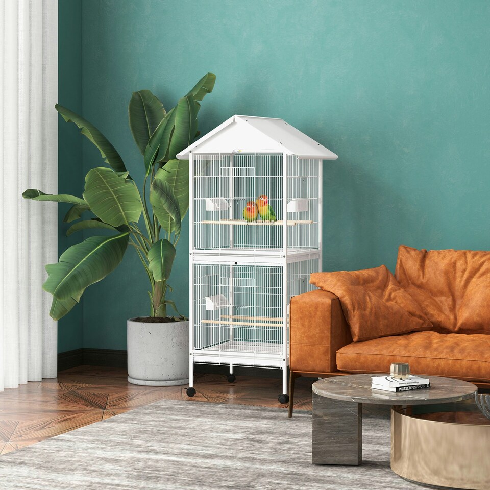 image 1 of PawHut Metal Bird Cage Feeder, for Small and Medium Bird - White