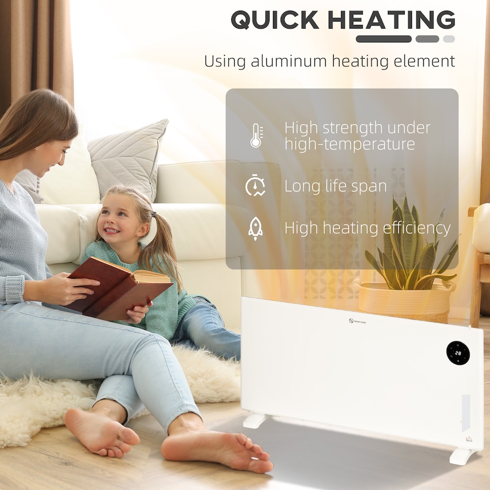 image 1 of HOMCOM 2000W Electric Panel Heater, Freestanding or Wall Mounted, Convector Heater with LED Display, Open Window Detection, Timer, Overheat Protection, Remote Control, White