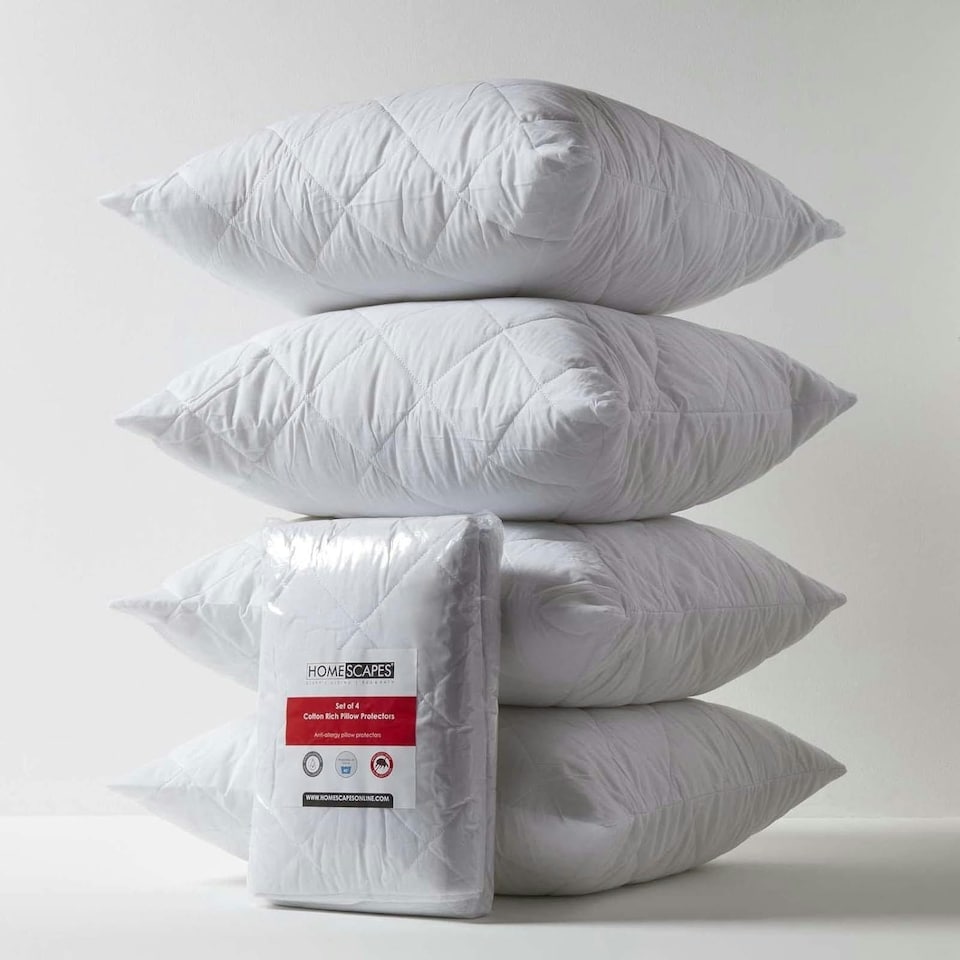 image 1 of Homescapes Cotton Rich Quilted Pillow Protectors - 60 x 60 cm - Pack of 4 | White