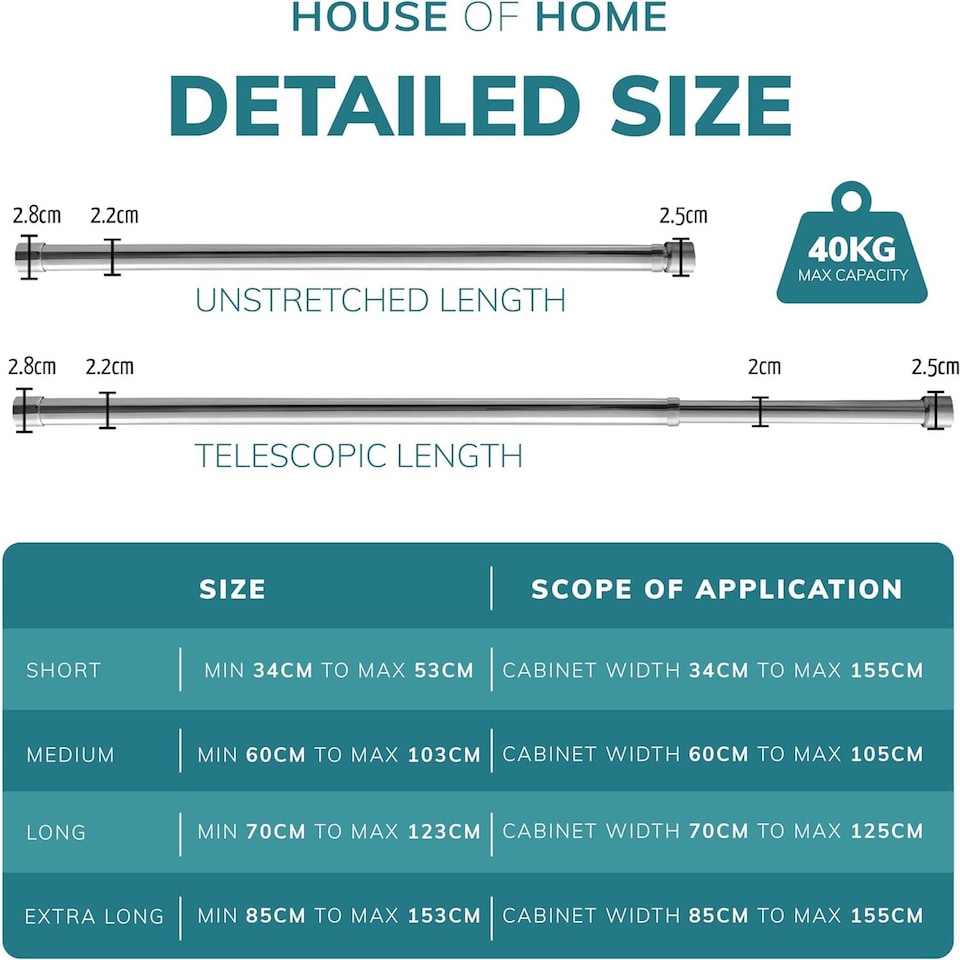 image 1 of House of Home Extendable Wardrobe Pole 60-103CM Adjustable Rail Hanger Steel Heavy Duty Build | Chrome