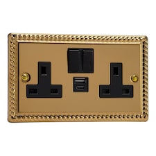 Varilight 2-Gang Switched Double Socket with 20W Shared USB-A and USB-C Charging Ports Black