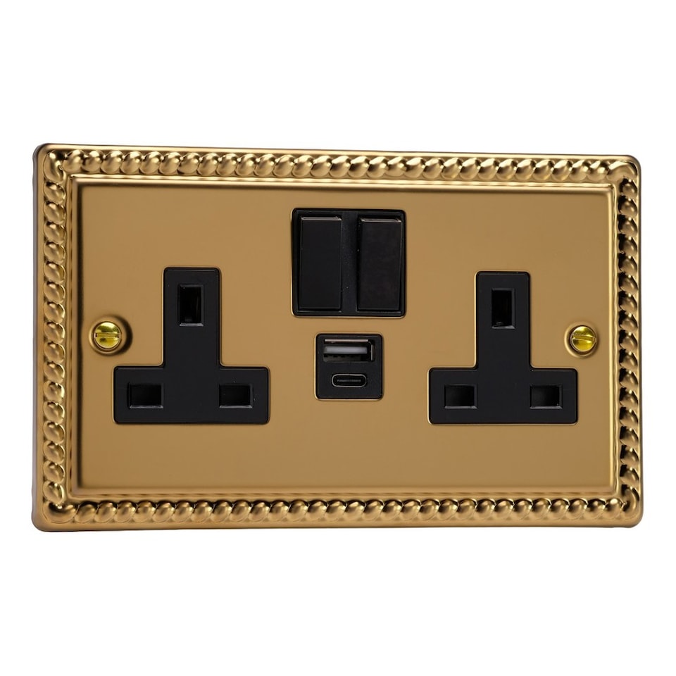 Varilight 2-Gang Switched Double Socket with 20W Shared USB-A and USB-C Charging Ports Black