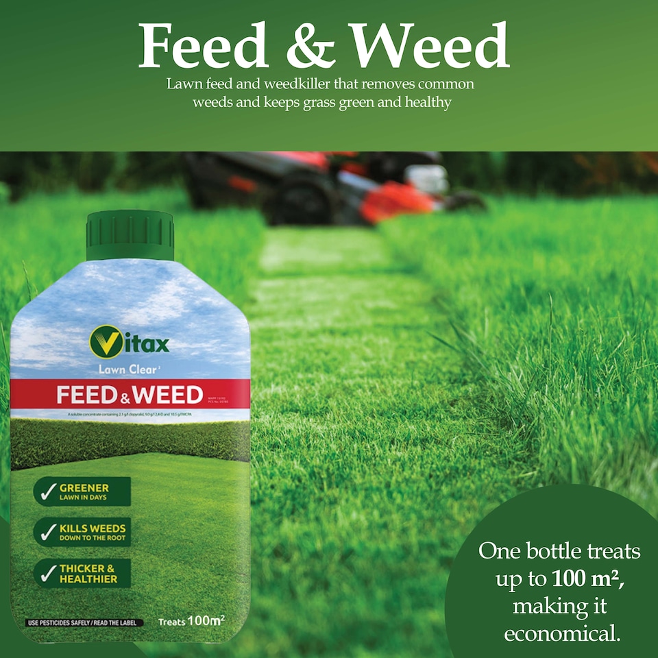 image 1 of Vitax Feed & Weed 500ml Lawn Fertiliser & Weed Control for Strong Healthy Lush Green Lawn with Dense Growth Covers 100 Square Metres