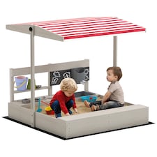 Outsunny Kids Wooden Sandbox w Canopy, Kitchen Toys, Seat, Storage, for Outdoor
