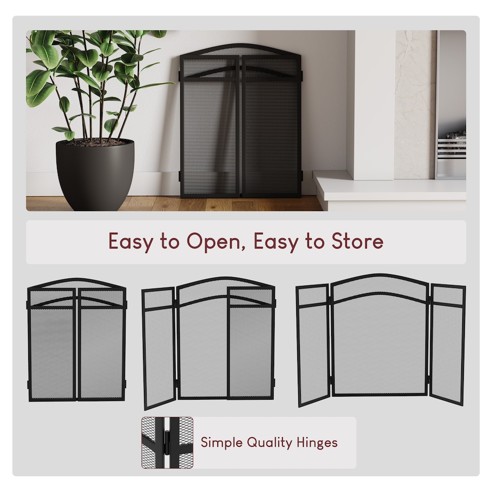 image 1 of Fire Vida Milton 3 Panel Fire Guard Folding Fireside Fireplace Screen Accessory, Black