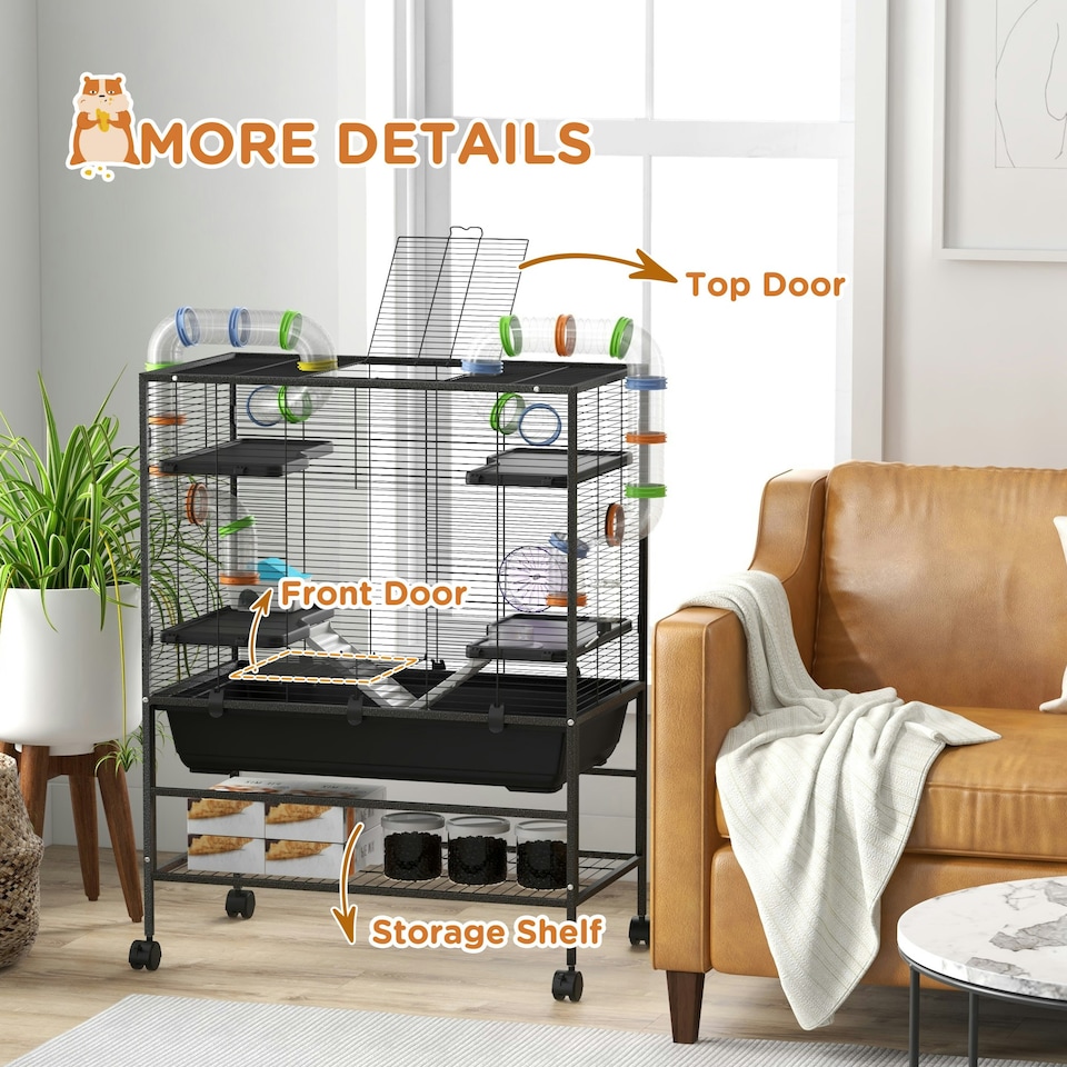 image 1 of PawHut Large Hamster Cage, Rat Cage w/ Wheels, Tubes, Storage Shelf, Ramps