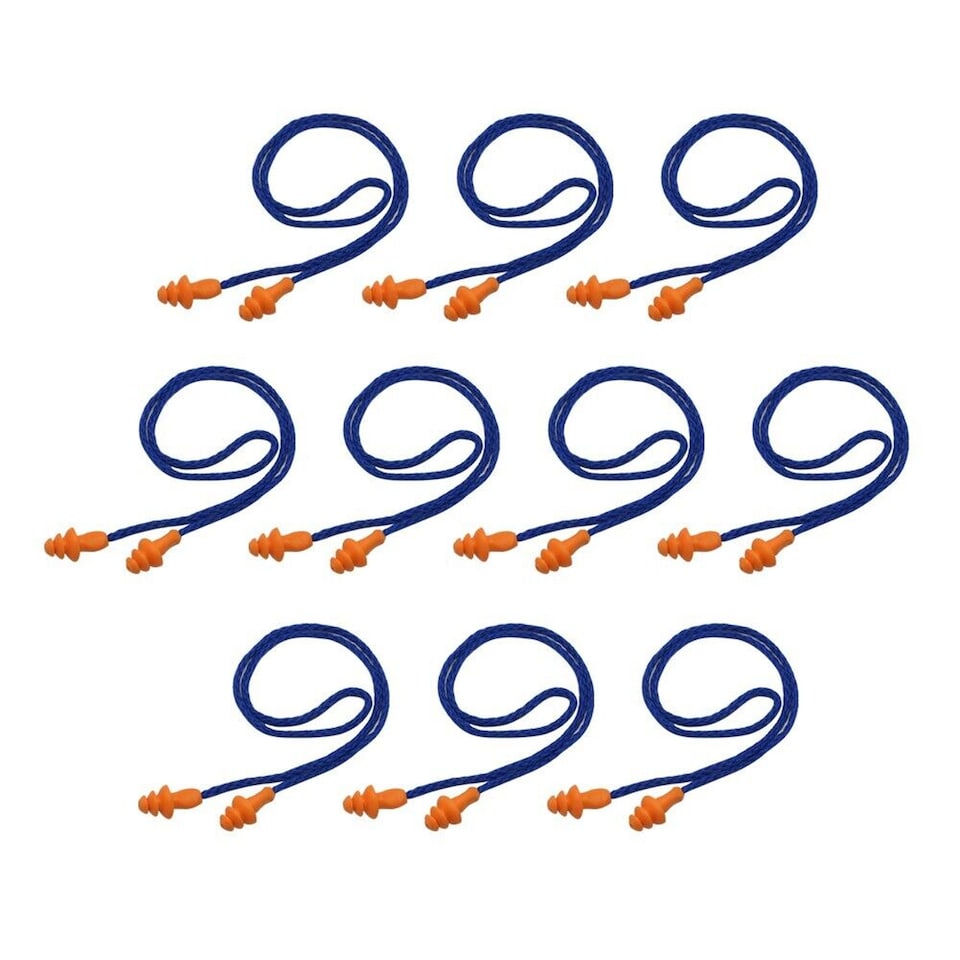 image 1 of Pack of 10 Pairs Corded Reusable Ear Plugs | Silicone Noise Reduction Earplugs with Nylon Cord | Comfortable Triple Flange Hearing Protection for Work, Sleep, Study & Travel