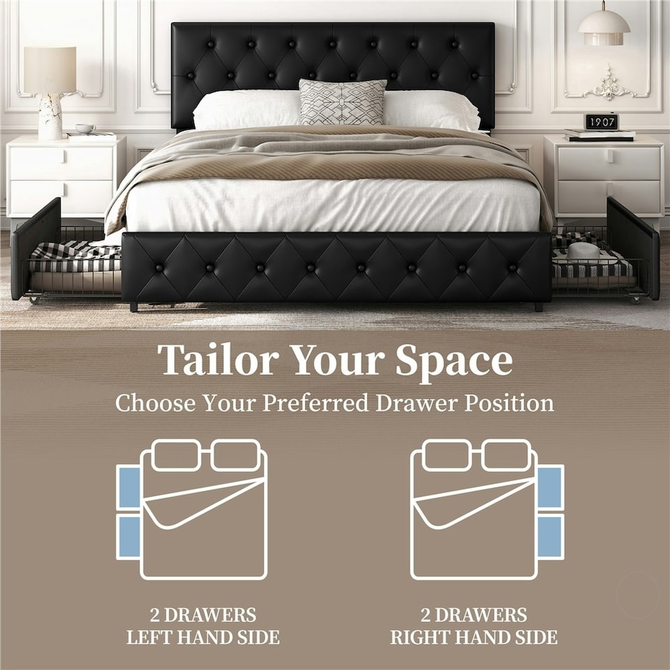 image 1 of Yaheetech 150 cm W × 200 cm L Bed Frame with Adjustable Headboard and 2 Drawers Black