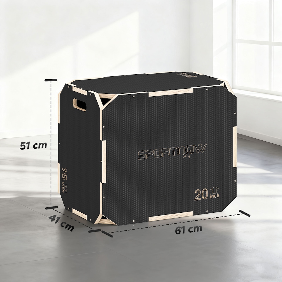 image 1 of SPORTNOW 3 in 1 Wooden Plyo Box, Corner-free Non-Slip Plyometric Jump Box Step Up Platform with Handle Openings for Home Gym Exercise and Outdoor Workout,  41 x 61 x 51 cm