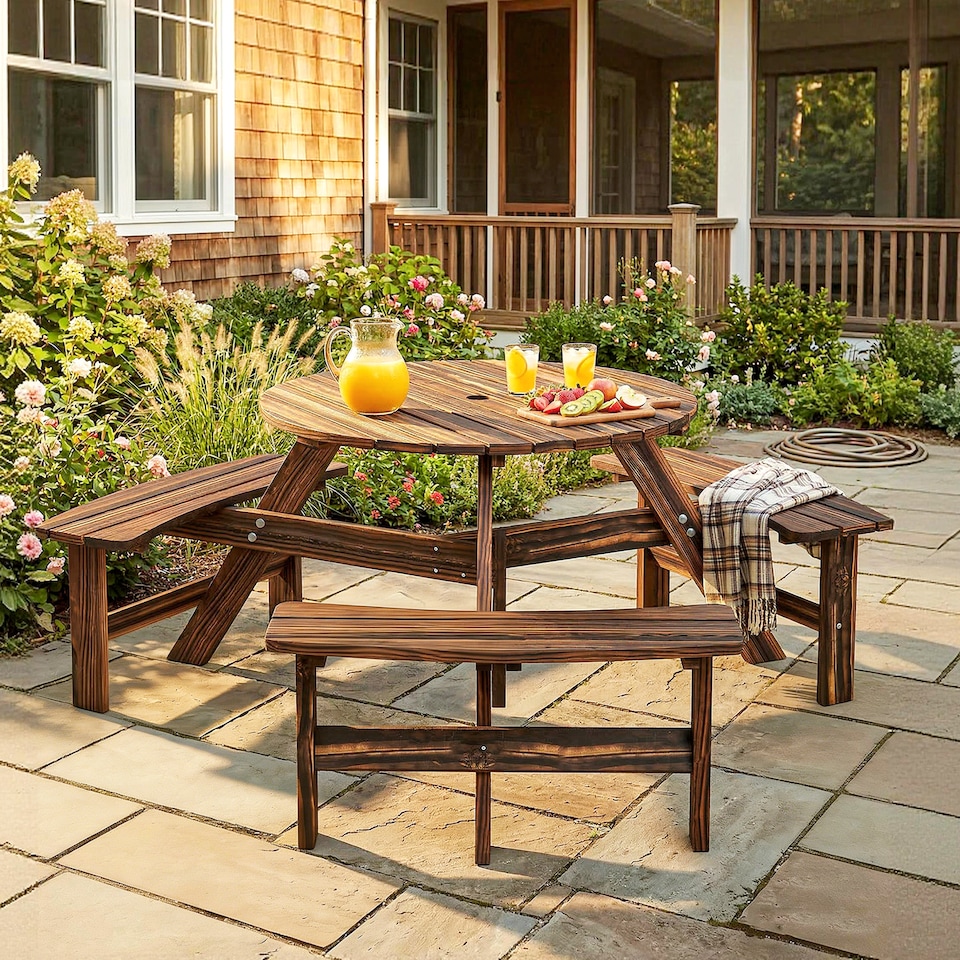 image 1 of Outsunny 6 Person Fir Wood Table Bench Set Outdoor Garden Patio, Carbonized | Brown | Carbonised finish | Table: 90 x 70 cm; Bench: 80 x 25 x 42 cm