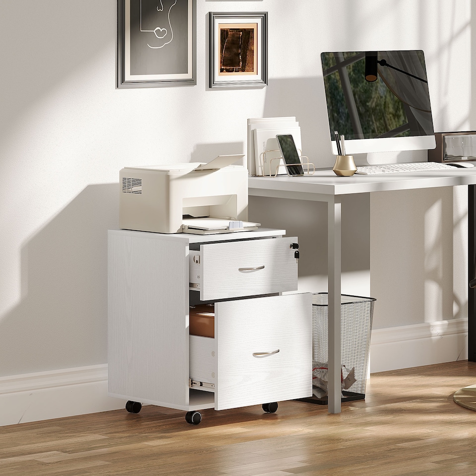 image 1 of HOMCOM 2 Drawer Lockable Filing Cabinet with Wheels, Mobile Filing Cabinet for Home Office, Small Printer Stand, White Wood Grain