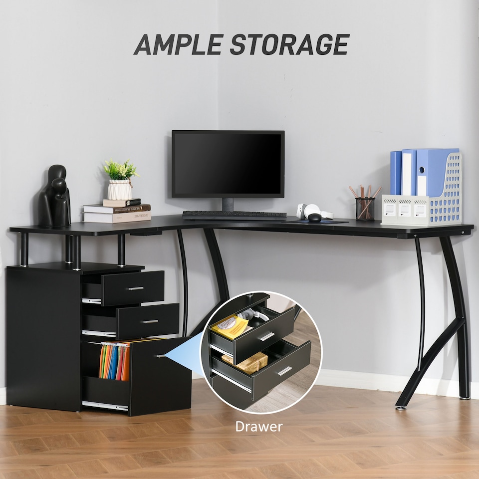 image 1 of HOMCOM L-Shaped Computer Desk Table with Storage Drawer, Home Office Desk Corner Industrial Style Workstation for A4 Files 143.5 x 143.5 x 76cm, Black