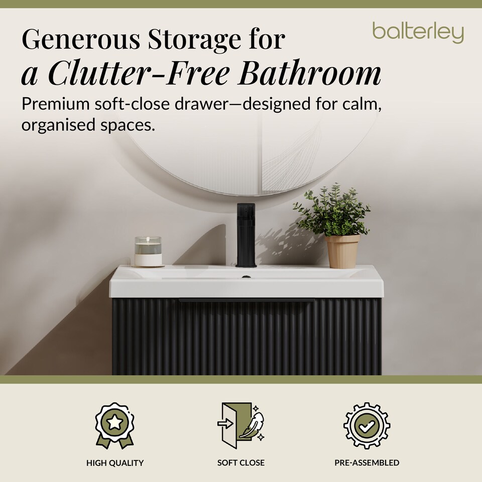 image 1 of Balterley Fluted Front Wall Hung 1-Drawer Bathroom Vanity Unit with 1 Tap Hole Basin, Handles | Grey | Soft Black