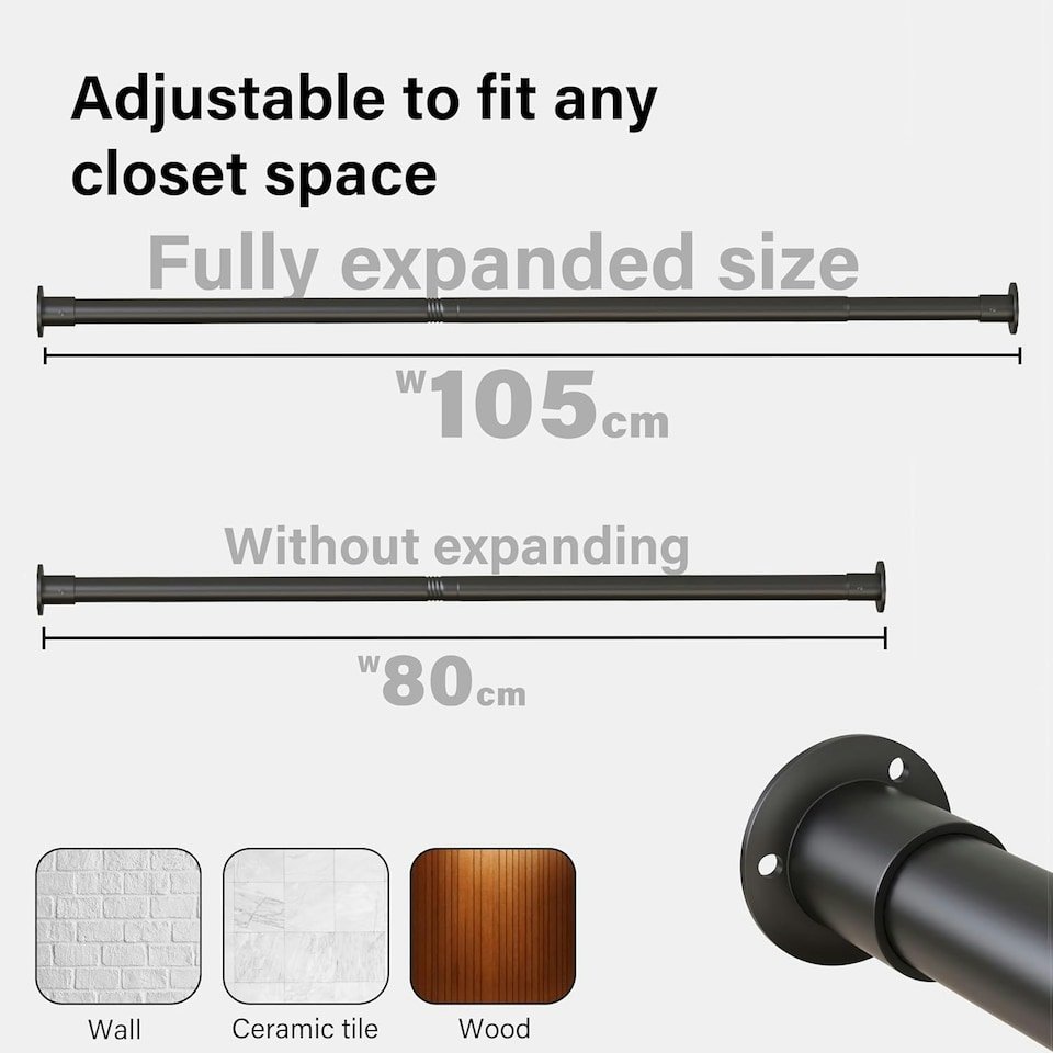 image 1 of Extendable Wardrobe Clothes Rail Rod Pole Black Stainless Steel Adjustable Store - Medium (80-105cm) Black