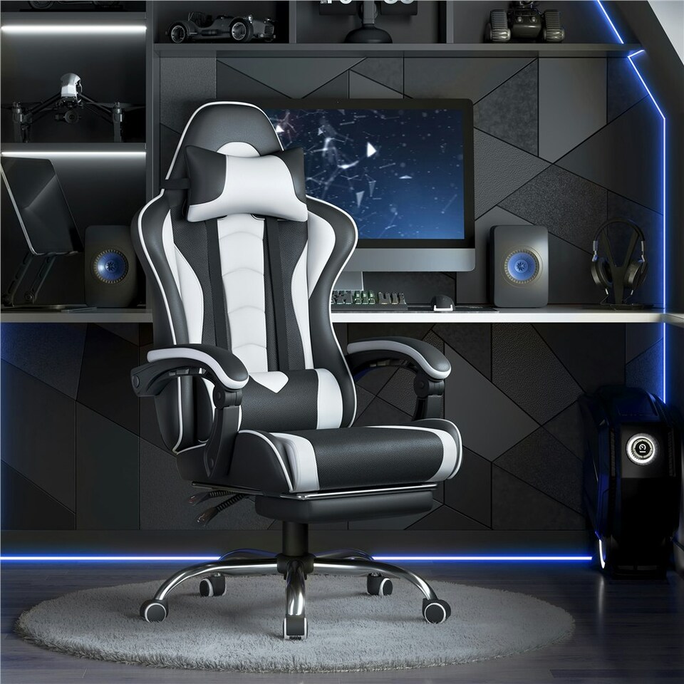 image 1 of Yaheetech Ergonomic Computer Chair with Massage Lumbar Pillow Multi | Black/White