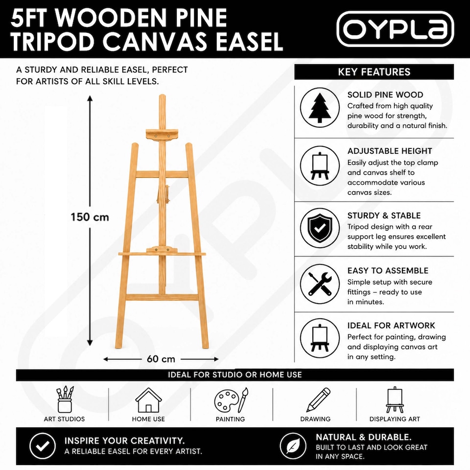 image 1 of 5ft 1500mm Wooden Pine Tripod Studio Canvas Easel Art Stand | Brown