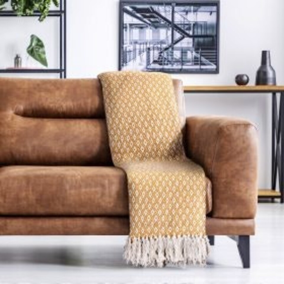 image 1 of Stockholm Collection Recycled Cotton Throw in Ochre (70" x 100") Yellow | Yellow