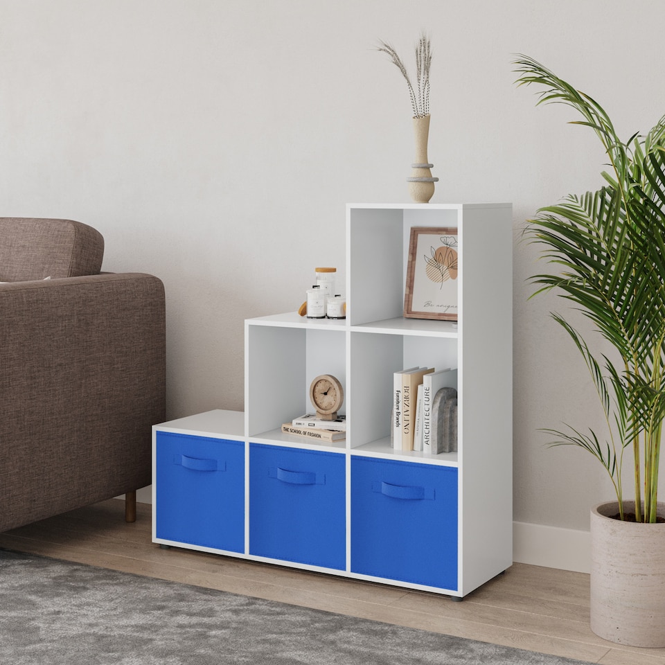 image 1 of 6-Cube Step Shelving Unit With Non Woven Inserts | White | White & Dark Blue | 1