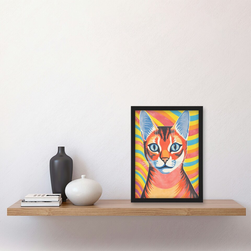image 1 of Ginger Cat Bold Vibrant Screen Risograph Black Framed Wall Art Print A4