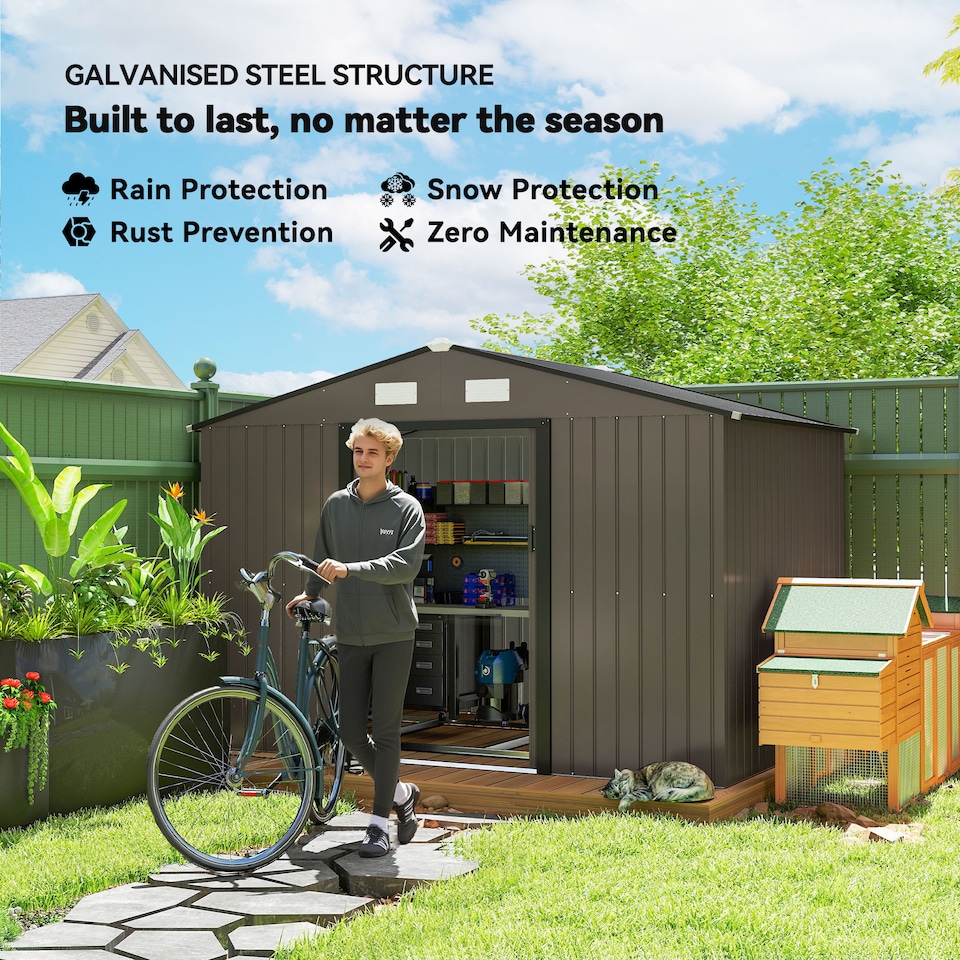 image 1 of Outsunny 9 x 6ft Metal Garden Shed, Outdoor Storage Tool House with Ventilation Slots, Foundation Kit and Lockable Double Doors, Brown