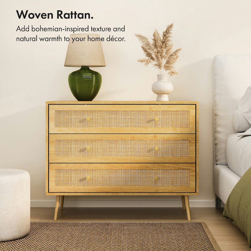 image 1 of VonHaus Rattan Chest of 3 Drawers | Brown