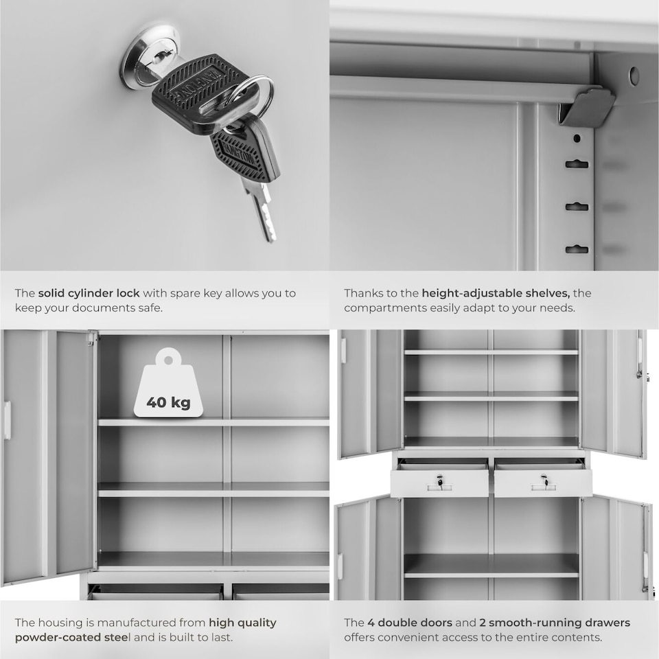 image 1 of Filing Cabinet Cosmo - 2 drawers, 5 adjustable shelves, 180 x 80 x 40 cm | Grey | light grey | 80 x 40 x 180 cm | 1
