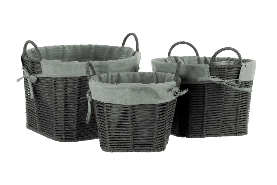 image 1 of Orsina Set Of Three Grey Round Storage Baskets, Cotton Rope Basket With Liner For Laundry, Wire Frame Baskets