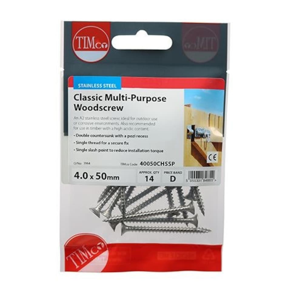 image 1 of Timco - Classic Multi-Purpose Screws - PZ - Double Countersunk - Stainless Steel (Size 4.0 x 50 - 14 Pieces)