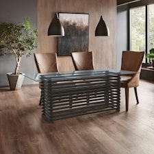 Interiors by Premier Matte Black Dining Table, Rectangle Clear Glass Top Dining Room Table, Stainless Steel Base Kitchen Table Black