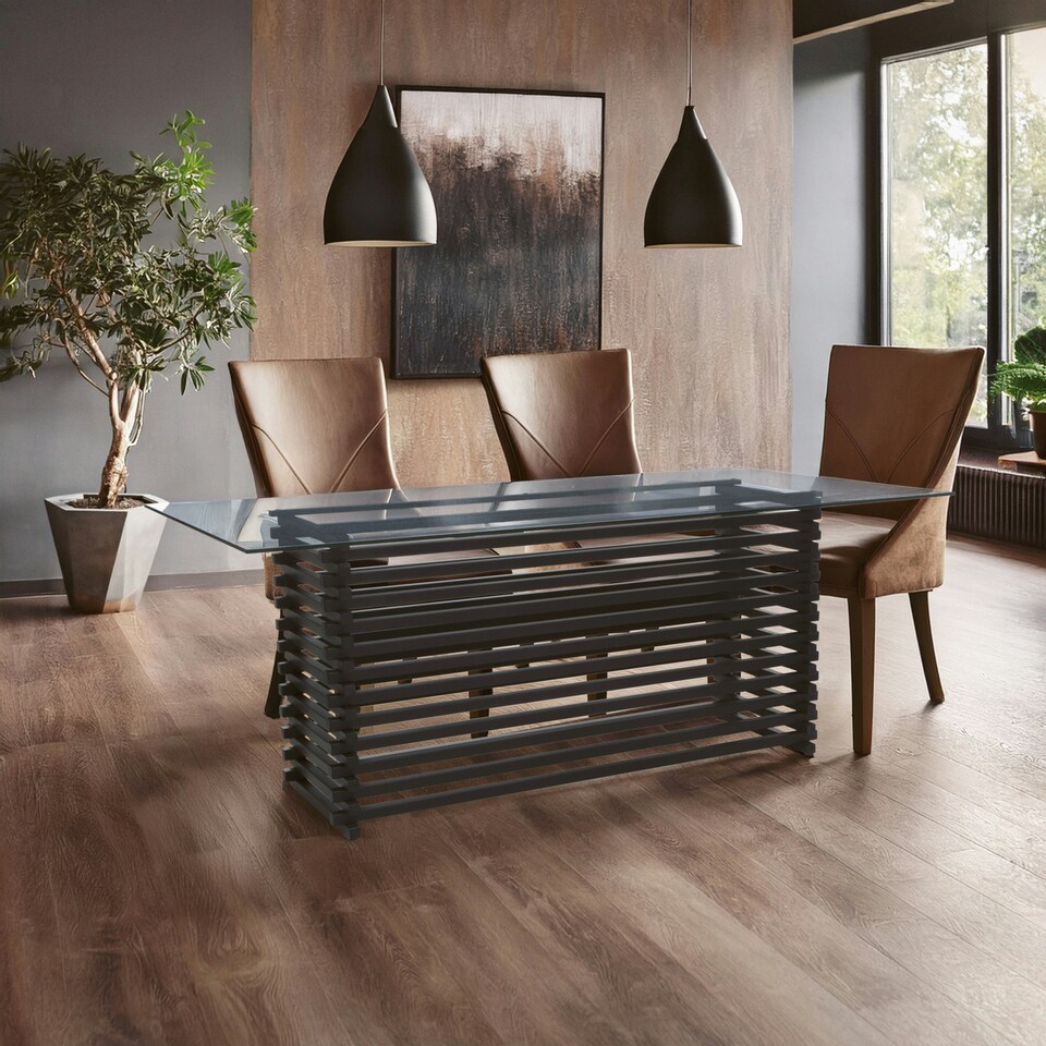image 1 of Interiors by Premier Matte Black Dining Table, Rectangle Clear Glass Top Dining Room Table, Stainless Steel Base Kitchen Table Black