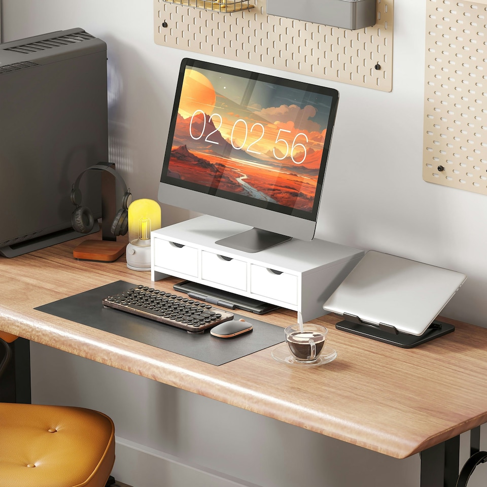 image 1 of HOMCOM Monitor Stand Riser with 3 Drawers for Laptop, Computer, PC, White