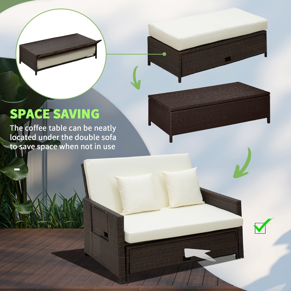 image 1 of Outsunny Rattan Garden Daybed, Assembled Double Sun Lounger with 5-Level Adjustable Back, Storage Ottoman, Cushions, Pillows and Retractable Trays, Outdoor Loveseat Sofa Bed for Patio, Brown