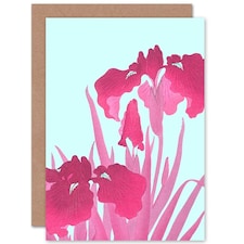Ohara Koson Pink Iris Flowers Turquoise Floral Design Greeting Card