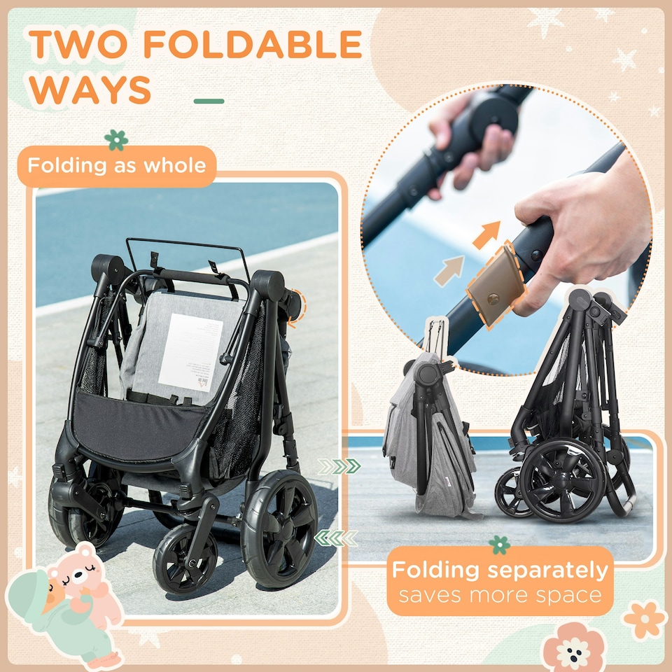 image 1 of HOMCOM 2 in 1 Pushchair Stroller w/ Reversible Seat Single Hand Foldable Grey