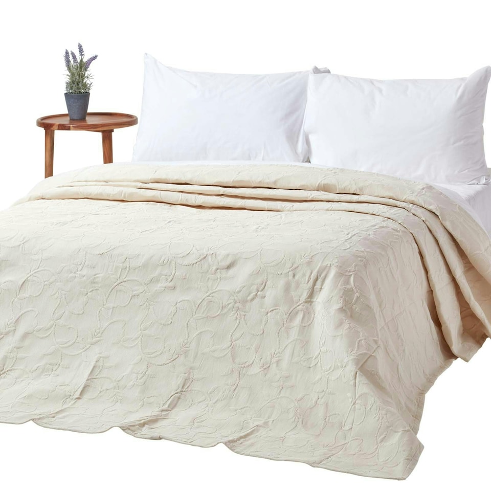 image 1 of Homescapes Cream Cotton Rich Floral Metelassé Pattern Bedspread - Double | Cream
