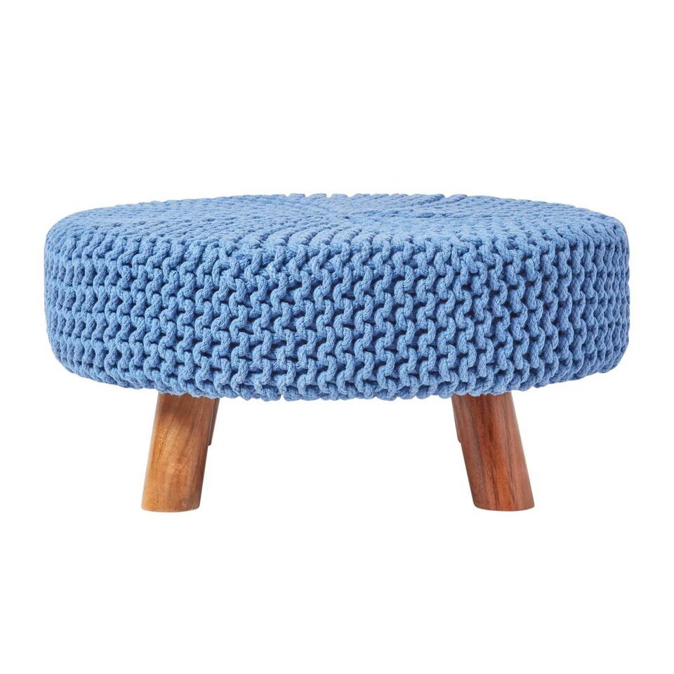 image 1 of Homescapes Blue Large Round Cotton Knitted Footstool on Legs