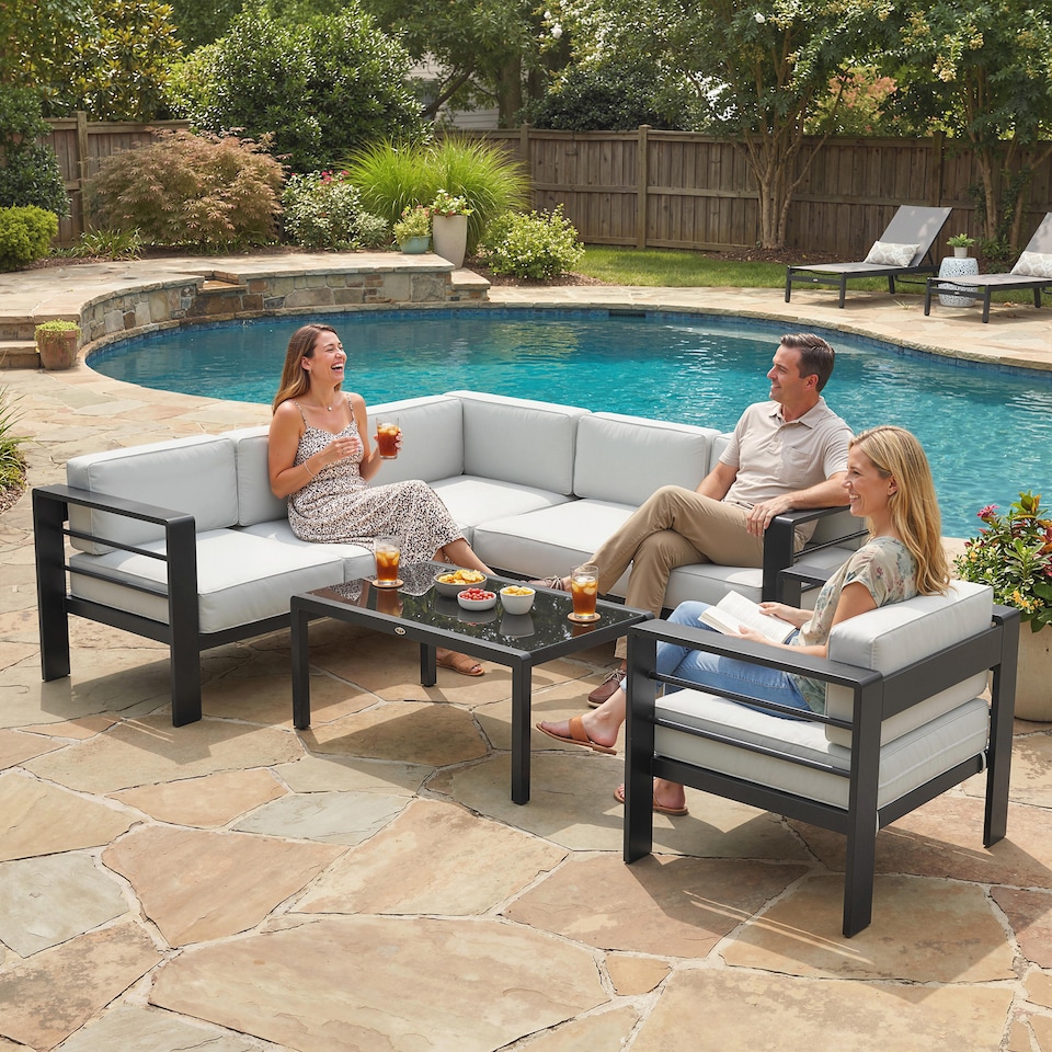 image 1 of Outsunny Garden Corner Sofa Set, Garden Furniture Set with Coffee Table | Grey | Light Grey | Five Plus Seater