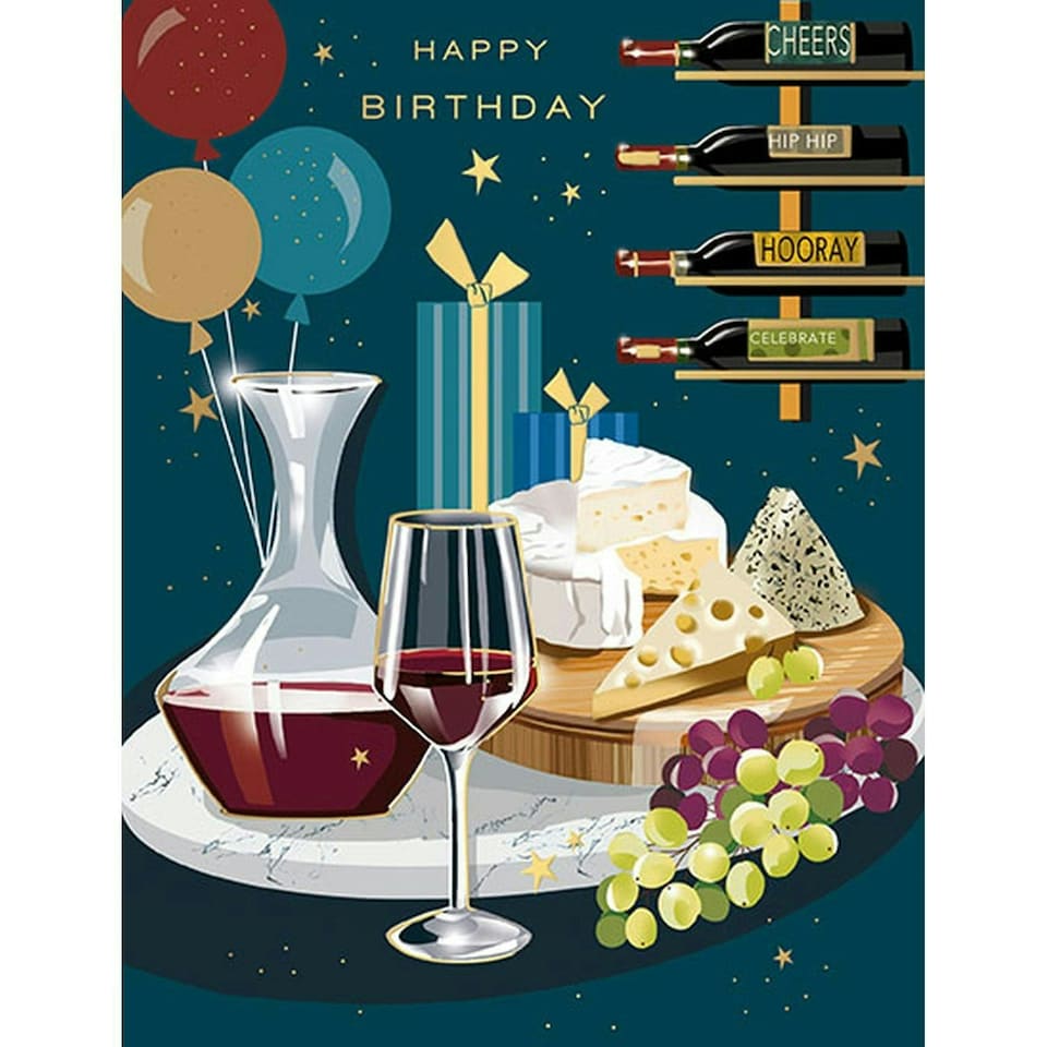 Words 'n' Wishes Male Birthday Card, General Card for Men, Red Wine and Cheese, Birthday Card for Him