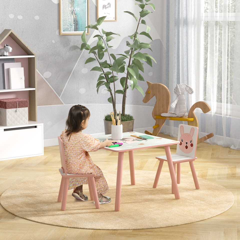 image 1 of ZONEKIZ Kids Table and Chairs, Children Desk with Two Chairs, Three Piece | Pink