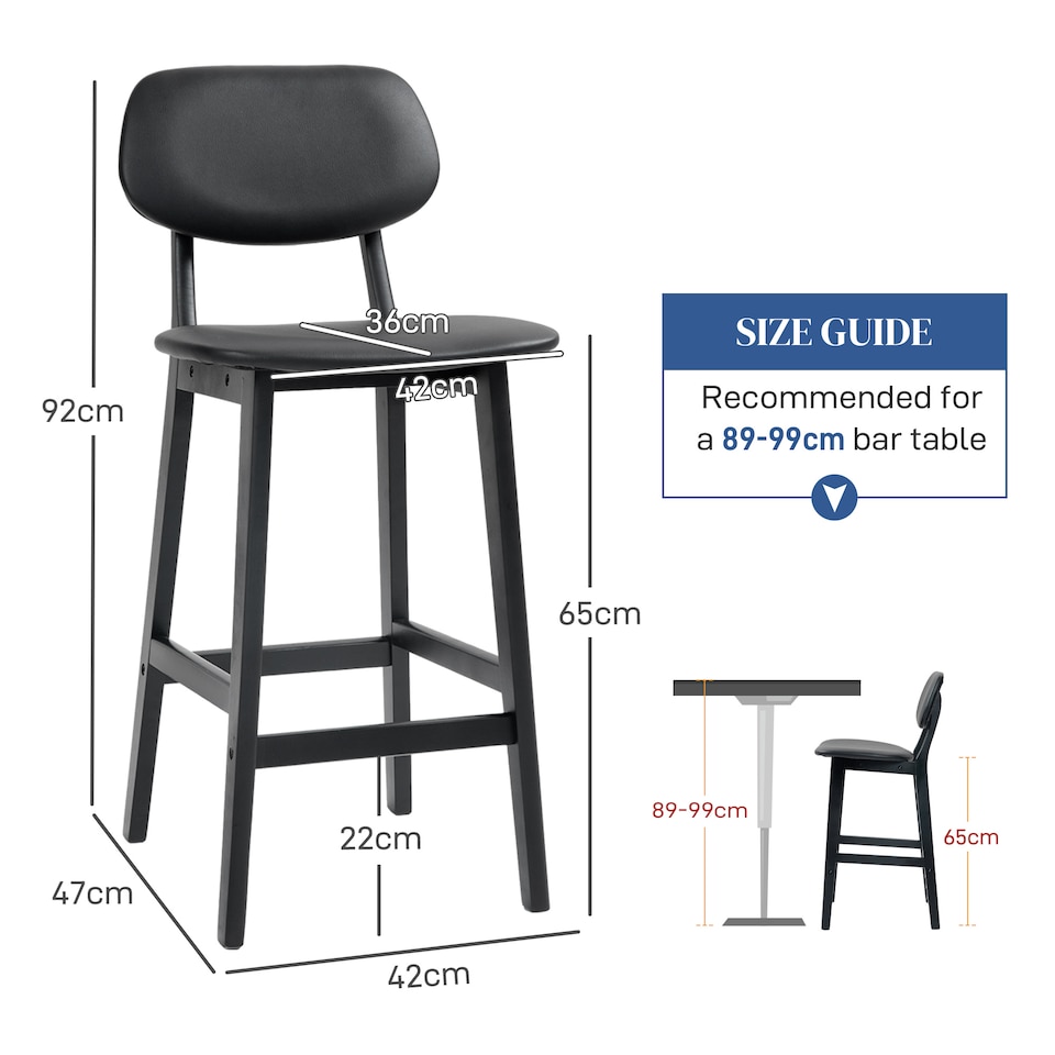 image 1 of HOMCOM Bar Stools Set of 2, Breakfast Bar Chairs, PU Leather Upholstered Kitchen Stools with Backs, Footrests and Solid Wood Legs, Black