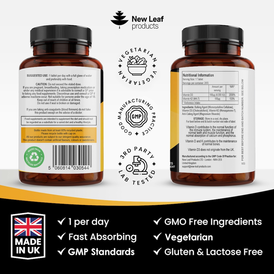 image 1 of Vitamin D3 & K2 Tablets D3 4000iu & K2 100mcg 365 Tablets
