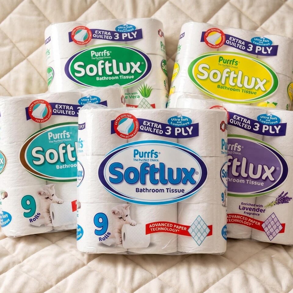 image 1 of Softlux Purrfs 3-Ply, Coconut Scented Quilted & Embossed Toilet Paper, Ultra Soft, Strong & Skin Kind, Premium Bathroom Tissue, 100% Virgin Pulp, Bulk Pack 9 Loo Rolls