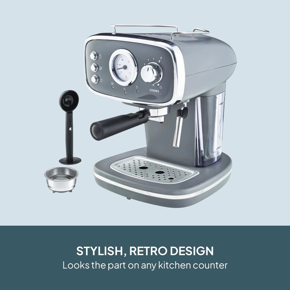 image 1 of Cooks Professional 15-Bar Retro Espresso Coffee Machine 1.2L with Frothing Steam Wand | Grey | Grey & Silver