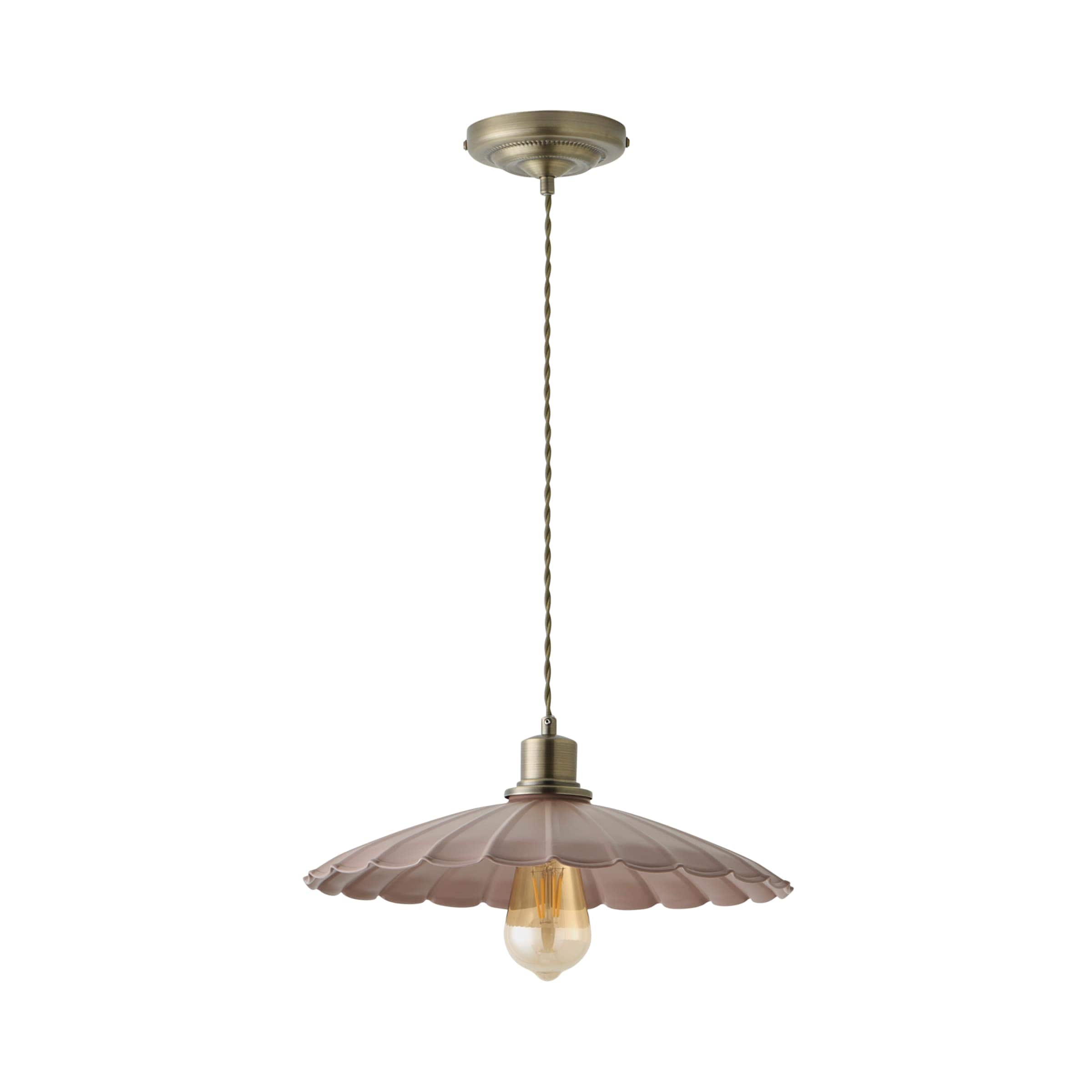ValueLights Holborn Brushed Gold with Scallop Shade Ceiling Pendant Light & Bulb in Dark Pink